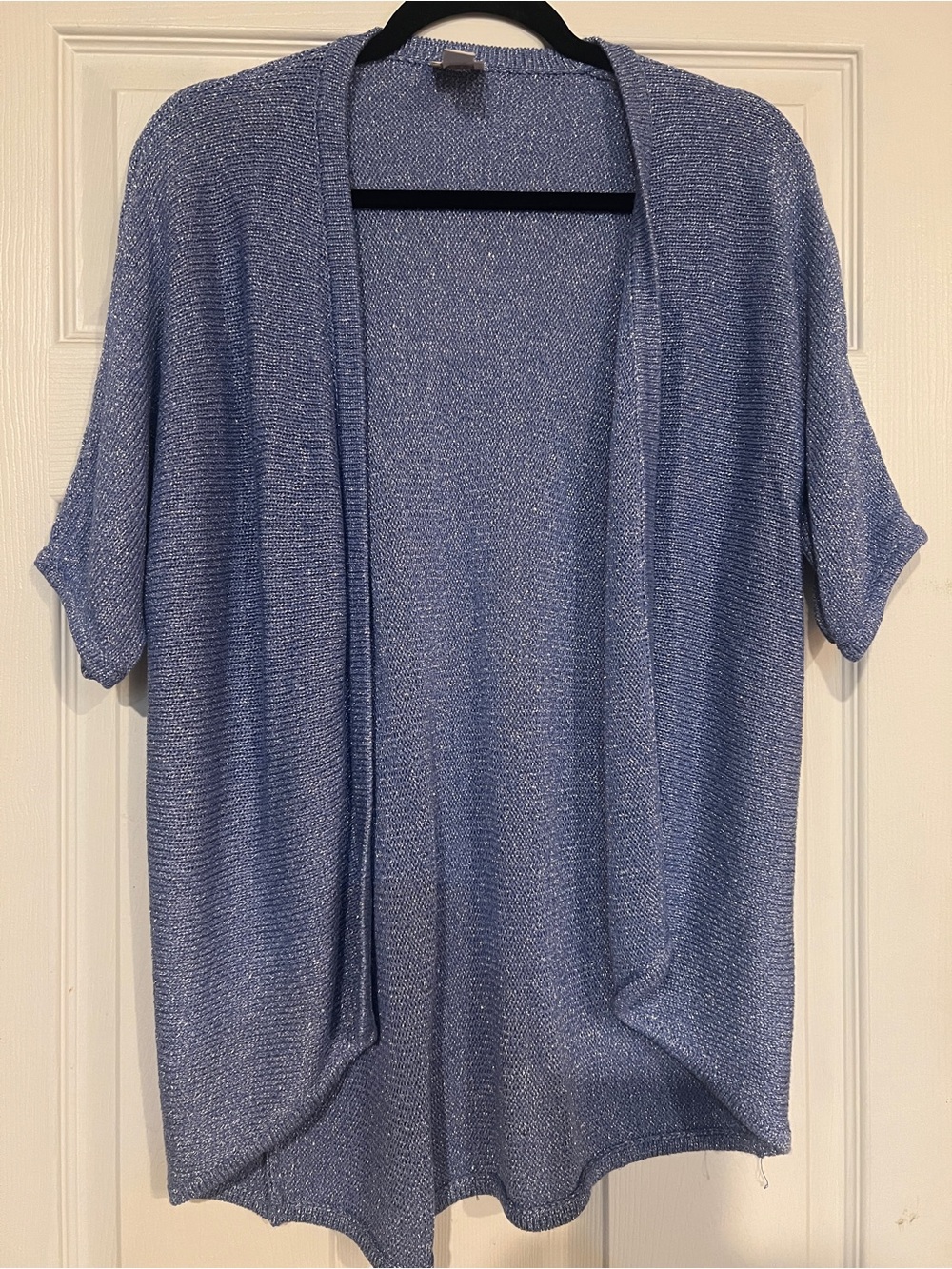 Chico's Blue Silver Metallic Short Sleeve Cardigan Sweater Size 1 Small Medium